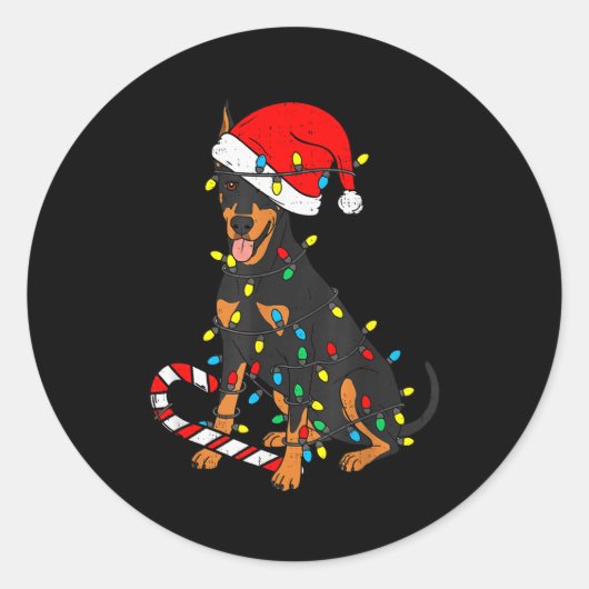 Sticker Rond Doberman Dog Christmas Lights Santa Xmas Pet Dog L (Devant)