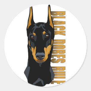 Sticker Rond Doberman Head, Black Dobes Rule