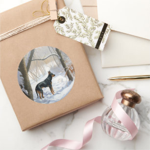 Sticker Rond Doberman Pinscher Laisser Neige Noël