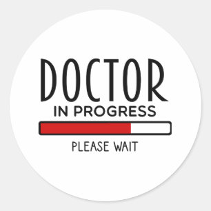 Sticker Rond Docteur en cours, veuillez patienter. Drôle d'écol