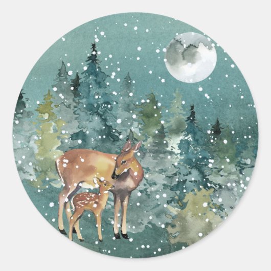 Sticker Rond Doe et chevreuils dans la Pleine lune forestière c (Devant)