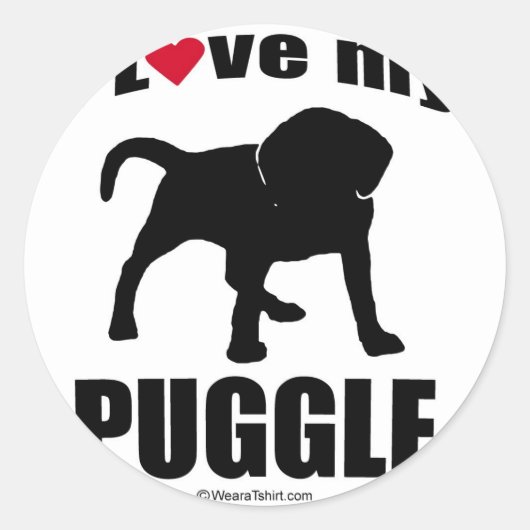 STICKER ROND "DOG BREED" - PUGGLE - "J'AIME MON PUGGLE" (Devant)