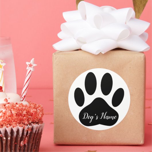 Sticker Rond Dog Paw Print With Custom Name Black (Fête)