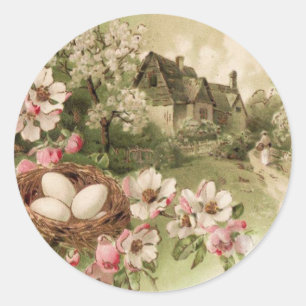 Sticker Rond Dogwood Tree Oiseau Nid Oiseau Cottage OEuf