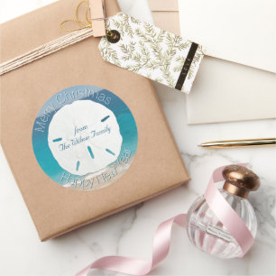 Sticker Rond Dollar de sable Bleu Océan Joyeux Noël de