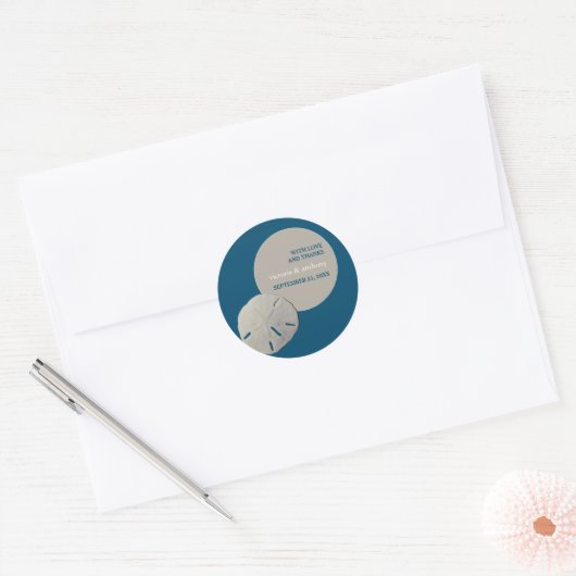 Sticker Rond Dollar de sable, Merci de mariage Ocean Blue Beach (Enveloppe)