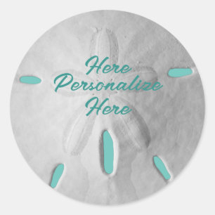 Sticker Rond Dollar de sable plage océan été turquoise blanc