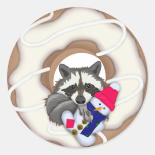Sticker Rond Donut Raccoon avec un design de Noël de bonhomme d