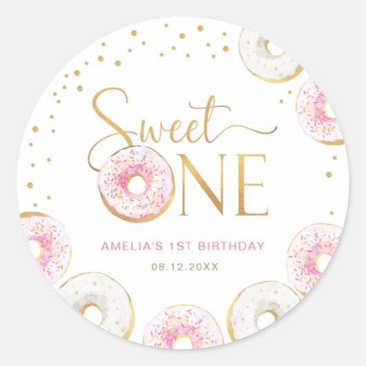 Sticker Rond Donuts d'or rose doux un 1er anniversaire (Devant)