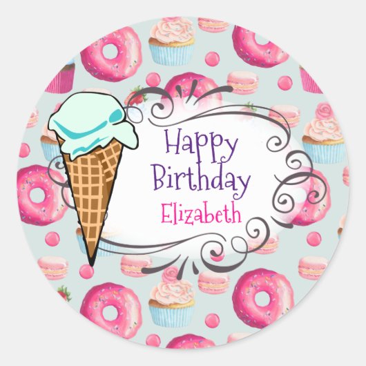 Sticker Rond Donuts Macarons Cupcakes Joyeux Anniversaire Custo (Devant)