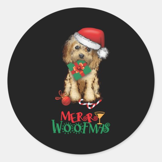 Sticker Rond Doodle Cockapoo Cavapoo Père Noël Merry Woofmas (Devant)