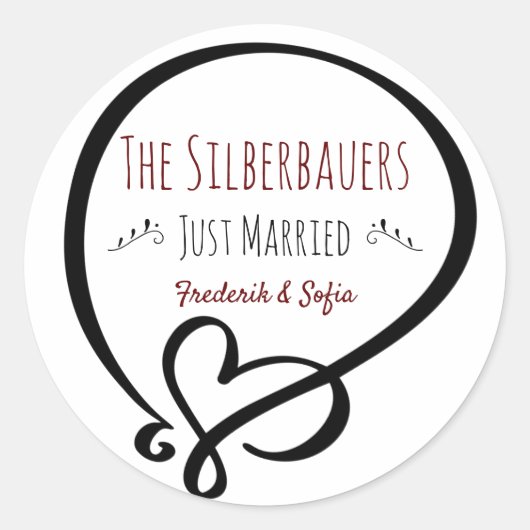 Sticker Rond Doodle de coeur, juste marié, nom du couple (Devant)