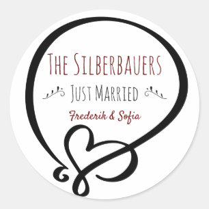 Sticker Rond Doodle de coeur, juste marié, nom du couple