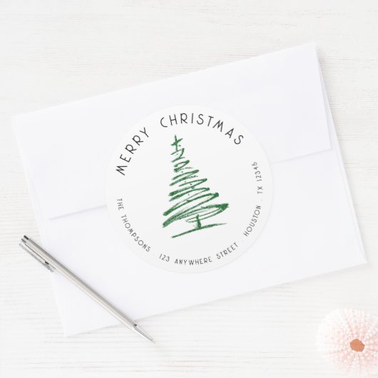 Sticker Rond Doodle Green Christmas Tree Retourner l'adresse (Enveloppe)