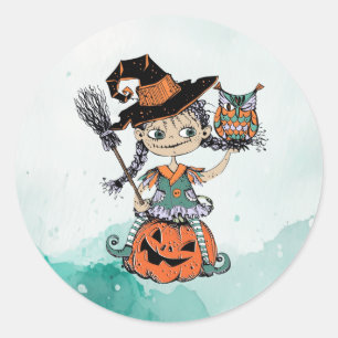 Sticker Rond Doodle Halloween Witch & Owl