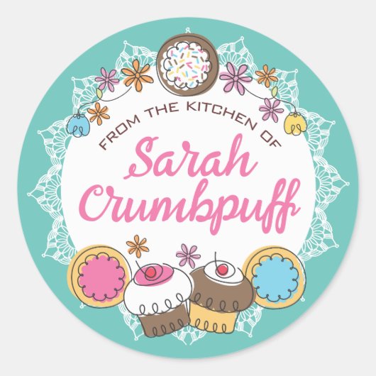 Sticker Rond Doodles cookies cupcakes de la cuisine de classe (Devant)