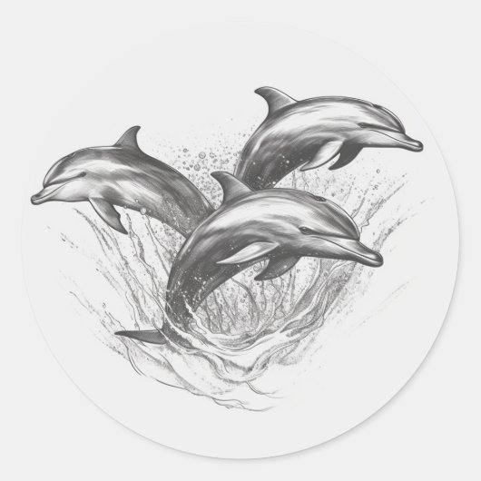 Sticker Rond Dophin Group Art crayon noir et blanc (Devant)