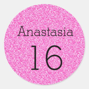 Sticker Rond Douce 16 Nom Âge Noir et rose paillettes scintilla