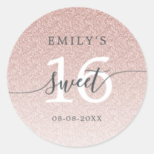Sticker Rond Douce 16 Rose Pailleté Ombré Nom personnalisé Date