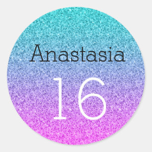 Sticker Rond Douce 16 Seize Ombre Rose Bleu Violet Paillettes