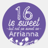 Sticker Rond Douce 16 Violet, Fleurs Blanches (Devant)