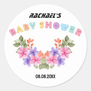 Sticker Rond Douce Baby Shower Fille Fleur Rose
