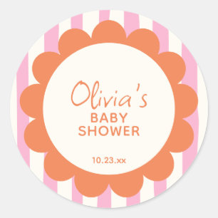 Sticker Rond Douce Baby Shower Rose Orange Rayée