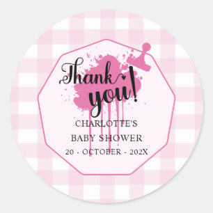 Sticker Rond Douce Baby Shower Rose Pâle à Carreaux