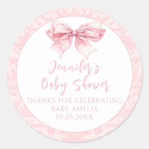 Sticker Rond Douce Baby Shower Rose Pâle Ruban Damassé pour Pet