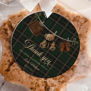 Sticker Rond Douce Baby Shower Tartan Vert Ours en Peluche