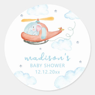 Sticker Rond Douce éléphant bleu Hélicoptère Avion Baby Shower