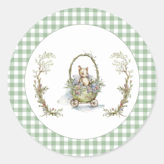 Sticker Rond Douce Fée Animaux Vert Gingham Baby Shower (Devant)