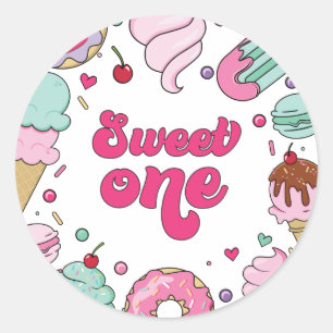 Sticker Rond Douce Fête Anniversaire Glace et Gâteau avec Paill