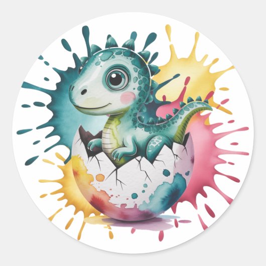 Sticker Rond Douce Fête de Bébé Dinosaure avec Éclaboussures d' (Devant)