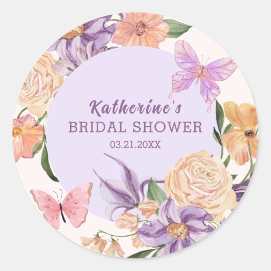 Sticker Rond Douce Fête de Mariage Florale avec Papillons (Devant)