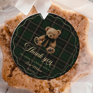 Sticker Rond Douce Fête de Naissance au Tartan Vert Ours en Pel