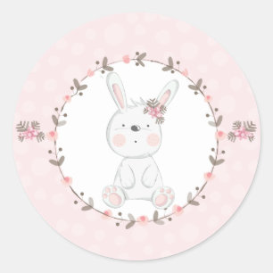 Sticker Rond Douce Lapin Rose Bébé Floral
