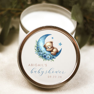 Sticker Rond Douce Ours Aquarelle Lune Bleue Garçon Baby Shower