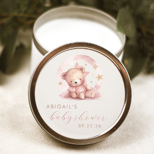 Sticker Rond Douce Ours Aquarelle Rose Fille Baby Shower