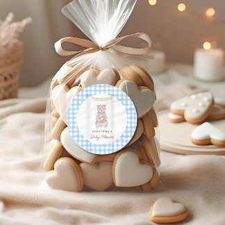 Sticker Rond Douce Ourse Bleu Gingham Aquarelle Baby Shower