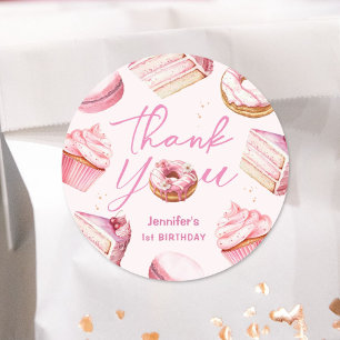 Sticker Rond Douce Première Rose Donuts Fille 1ère Fête d'Anniv