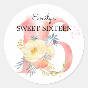 Sticker Rond Douce Seize Fleurs Rose Clair Numéro 16 Personnali