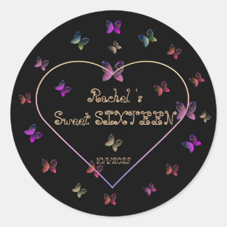 Sticker Rond Douces Papillons Cœur Rose Sweet 16 Anniversaire