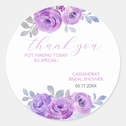 Sticker Rond Douche de Mariage Fleurie de Rose Violette Chic (Devant)