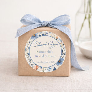 Sticker Rond Douche de Mariée Bleu Poussiéreux Floral Aquarelle