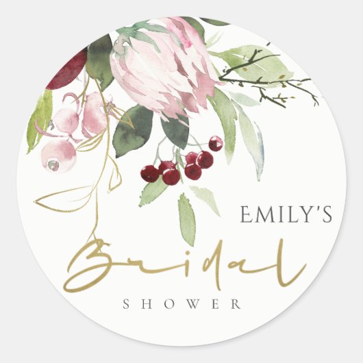 STICKER ROND DOUCHE ROSE BOURGOGNE PROTEA FLEUR BRIDAL SHOWER (Devant)