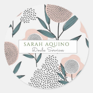 Sticker Rond Doula Main Tiré Floral Dusty Coral Et Vert