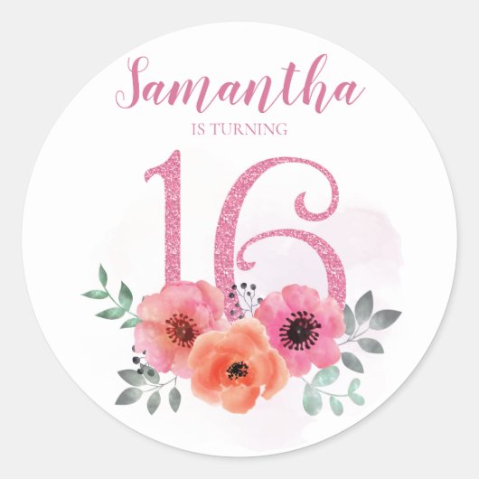 Sticker Rond Doux 16 Anniversaire rose Parties scintillant flor (Devant)