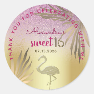 Sticker Rond Doux 16 Flamant Or Rose Merci