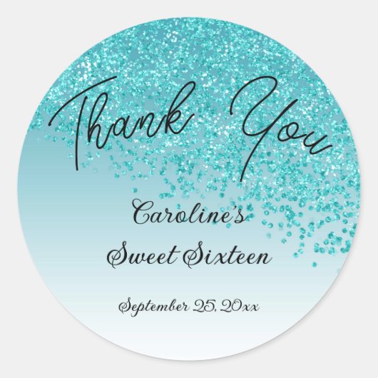 Sticker Rond Doux 16 Merci chute Parties scintillant bleue Turq (Devant)
